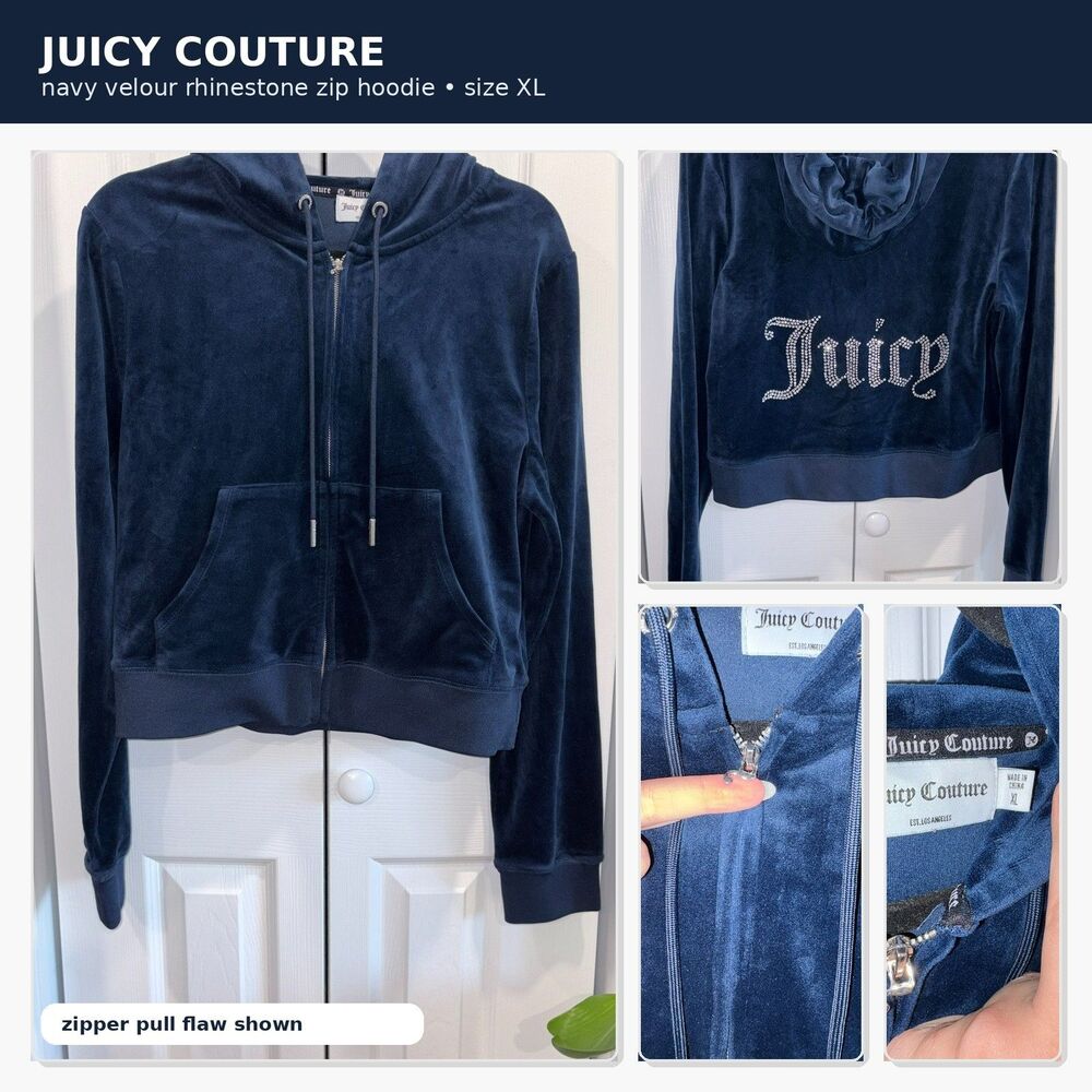Juicy Couture Navy Velour Zip Up Hoodie Rhinestone Logo XL